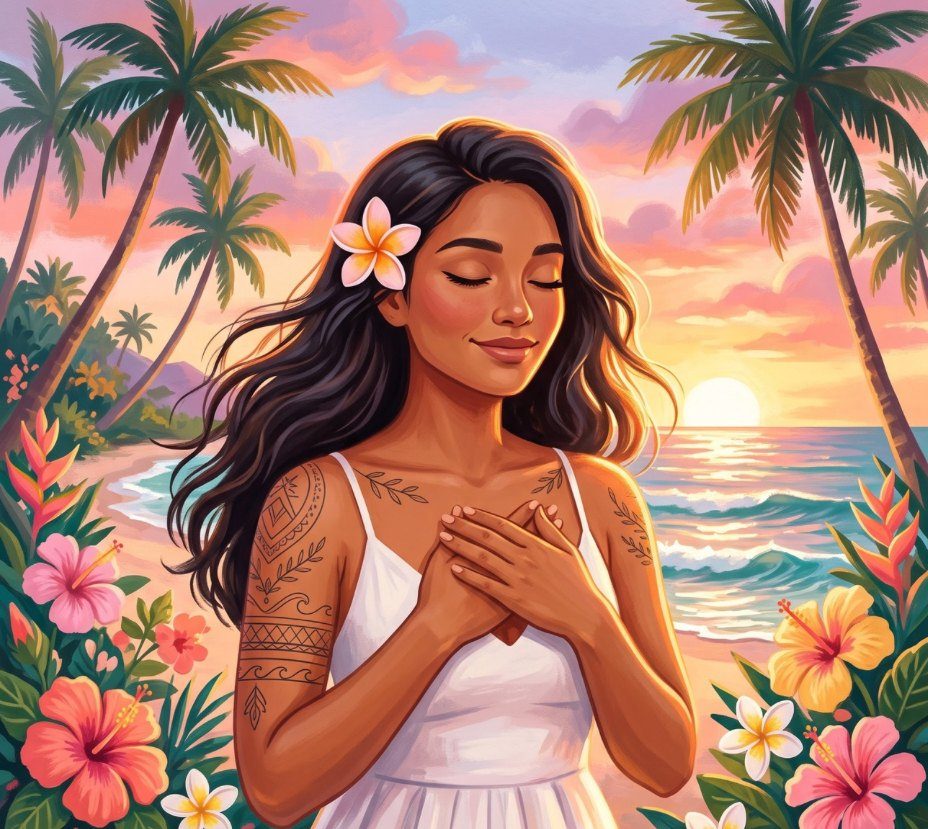 Mujer con las manos sobre el corazón frente al mar al atardecer, rodeada de flores tropicales